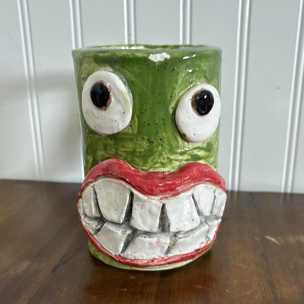 Whimsical Handmade Pottery Face Mug Green Googly Eyes Teeth Folk Art Ceramic Cup